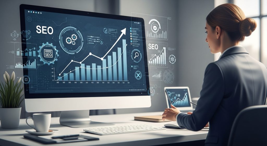 Illustration d’un satellite symbolisant la stratégie SEO satellite reliant trafic, données et conversions digitales.