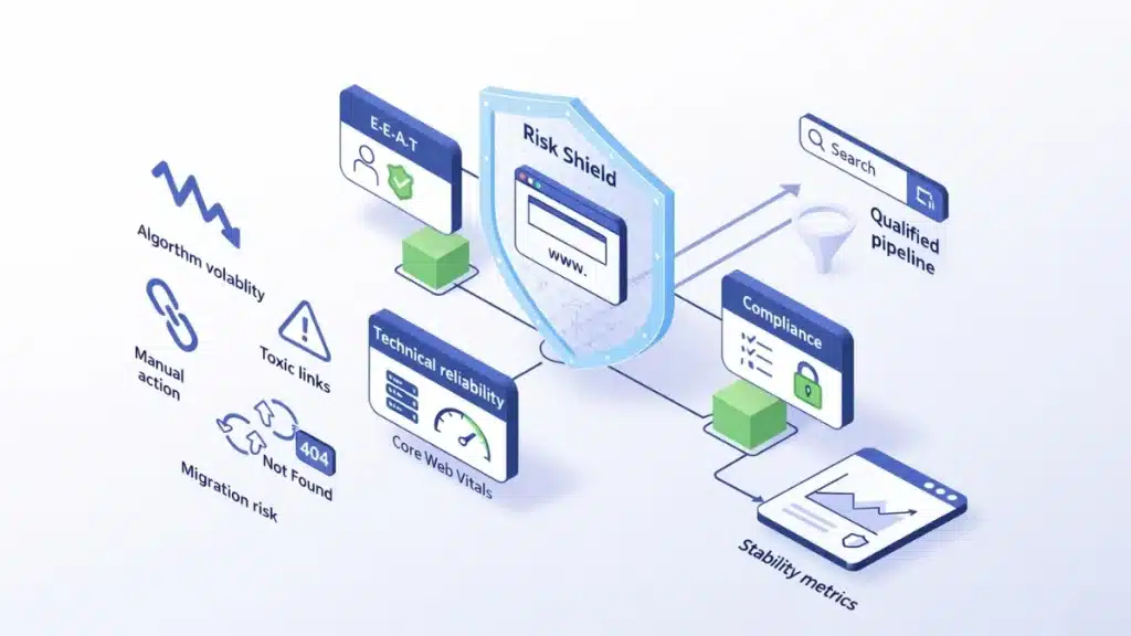 Isometric diagram of a B2B SEO risk shield protecting a website with E-E-A-T, technical reliability, and compliance modules against manual actions, algorithm volatility, toxic links, and migration risk, leading to qualified pipeline stability.