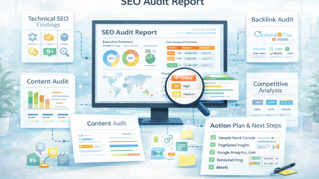 SEO audit report dashboard showing technical, content, backlink and competitive findings with priority action plan and KPIs