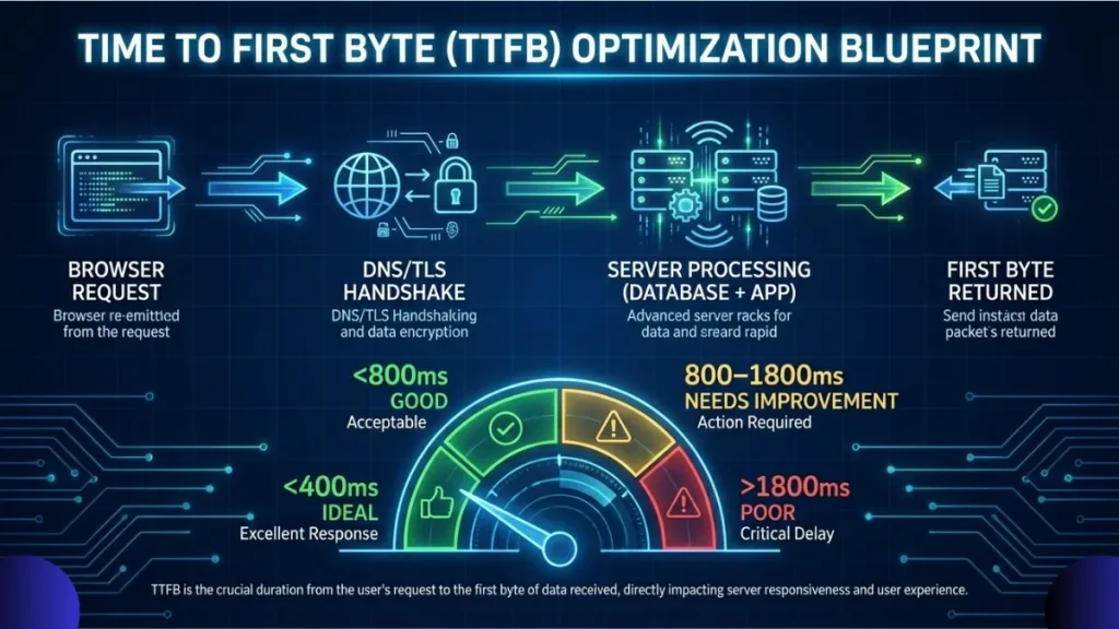 TTFB technical SEO diagram showing browser-to-server request, first byte timing, and impact on crawling, indexing, and Core Web Vitals.