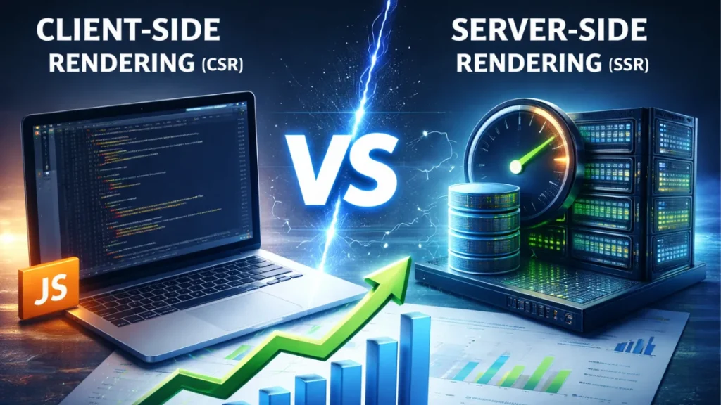 Comparison chart showing CSR vs SSR vs SSG impact on indexing speed, crawl efficiency, and SEO performance in 2026.