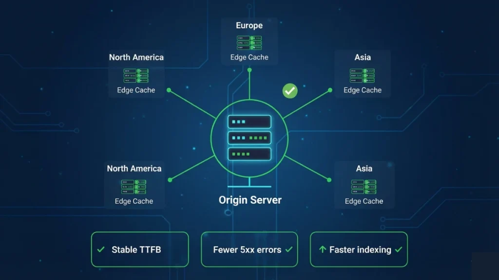 CDN and edge computing diagram showing origin server, global edge nodes, and faster SEO crawling with stable TTFB and fewer errors.