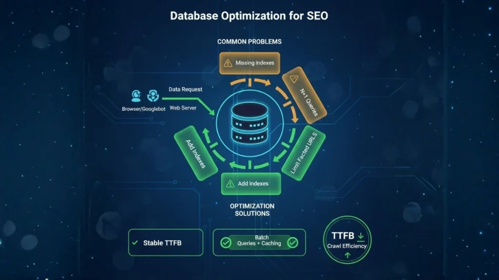 Database query optimization checklist showing indexes, caching, and reduced TTFB for faster crawling and indexing.