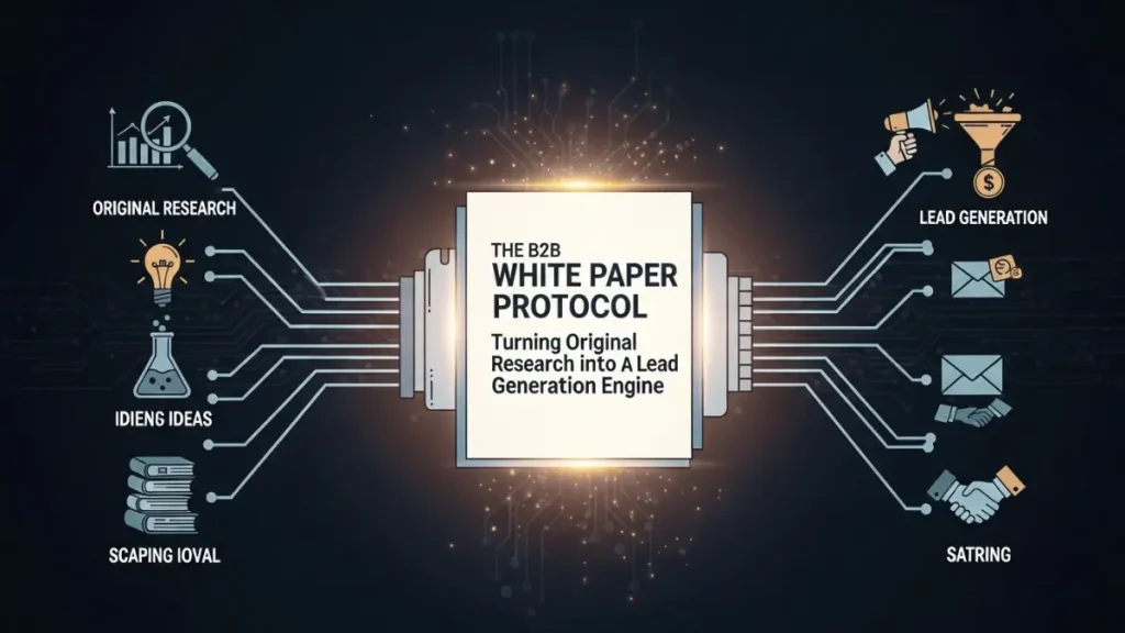Isometric illustration of a digital B2B White Paper transforming into a mechanical lead generation engine, symbolizing the conversion of original research into revenue.