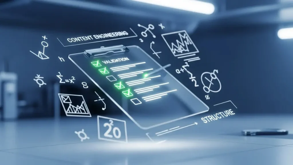 Illustration 3D d'un presse-papiers numérique affichant une check-list de validation rigoureuse pour un Livre Blanc B2B, symbolisant la qualité et la précision.