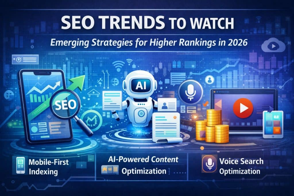 Infographic illustrating SEO trends for 2026, including mobile-first, AI, voice search, and video content optimization.