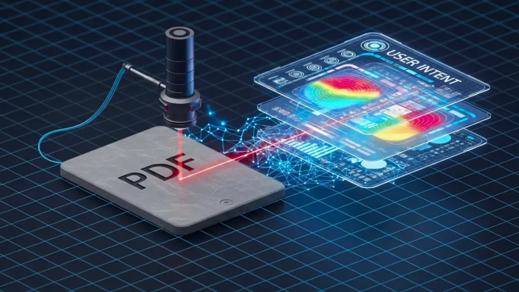 Illustration conceptuelle montrant la transformation d'un fichier PDF statique et opaque en un tableau de bord analytique interactif et lumineux, symbolisant l'intelligence des données.