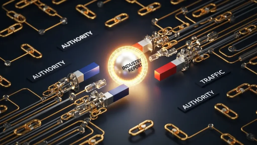 Illustration schématique 3D montrant un rapport industriel central agissant comme un aimant, attirant automatiquement des centaines de liens (backlinks) depuis des logos de médias prestigieux.