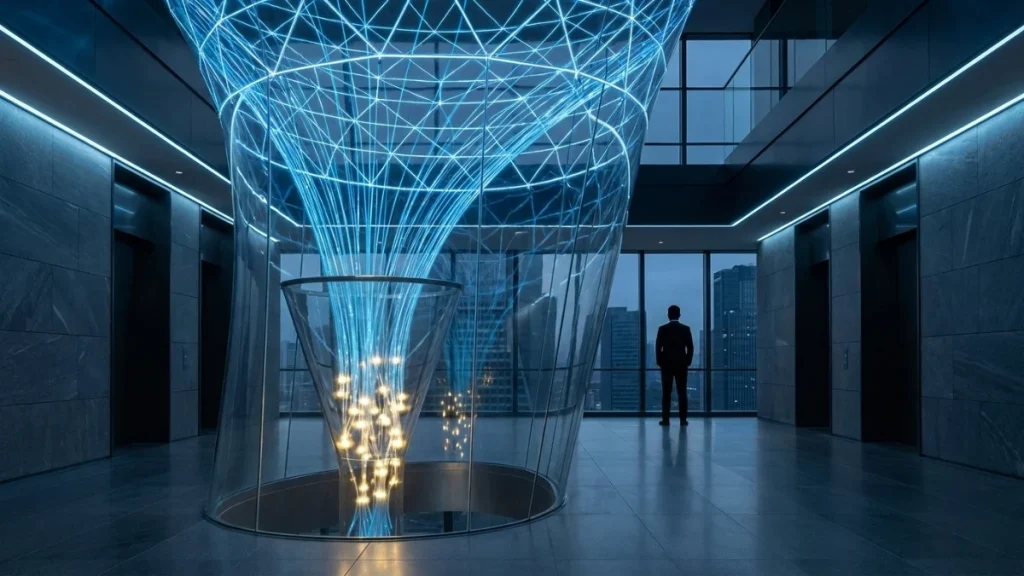 Technical diagram of an optimized B2B capture funnel with data filtering and expert silhouette.