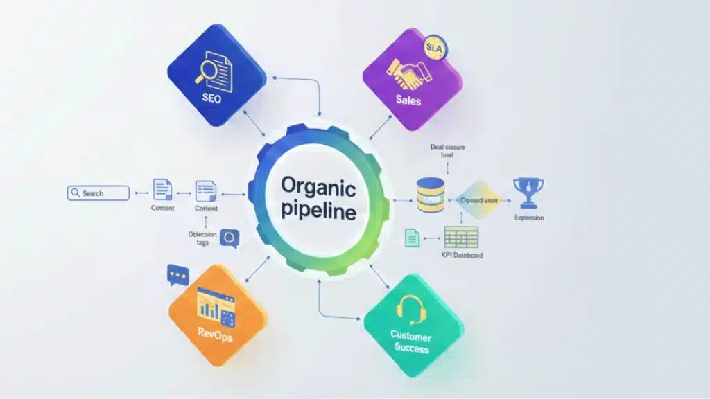 Premium isometric illustration showing the alignment of SEO, Sales, Customer Success, and RevOps into a unified organic pipeline engine with shared CRM data.