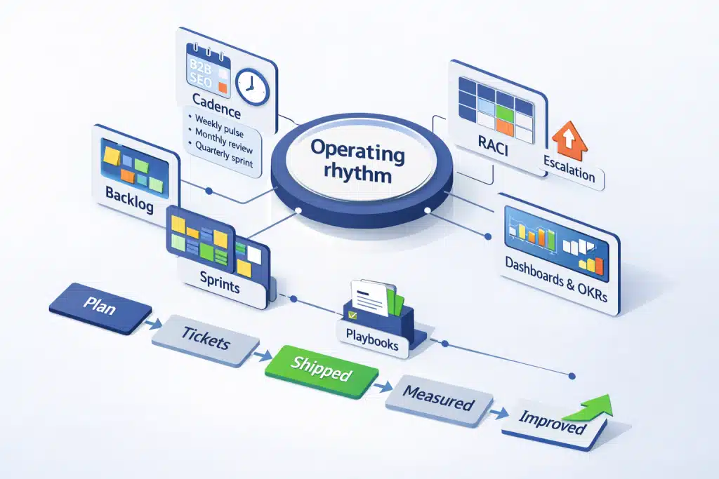 Isometric 3D illustration of an SEO investment framework featuring budget allocation, capacity modeling, ROI payback, and Organic vs Paid CAC comparison.