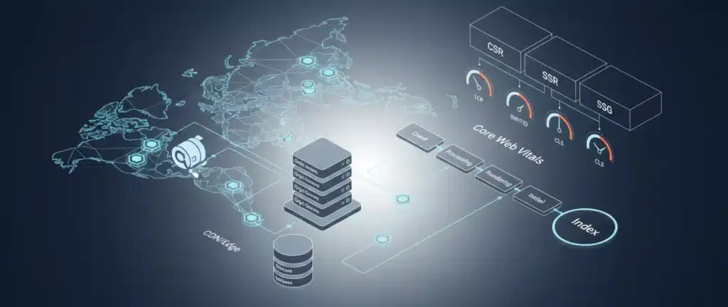 Technical SEO infrastructure diagram showing crawling, indexing, TTFB stability, edge/CDN, database, and rendering strategy.