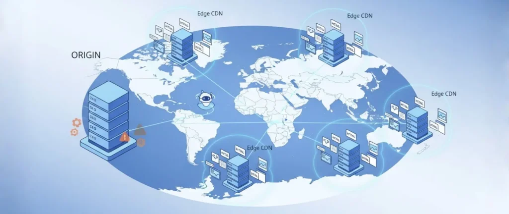 Database performance visual with slow query graph, index icon, caching layer, and improved TTFB after optimization.