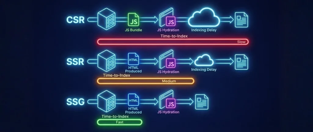 Rendering comparison diagram showing CSR, SSR, and SSG pipelines and their impact on time-to-index.