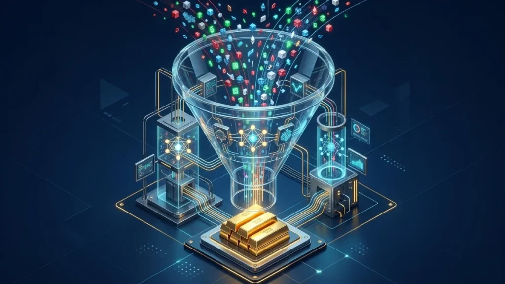 High-tech visualization of an AI algorithm filtering lead data into a prioritized sales pipeline, representing B2B RevOps alignment.
