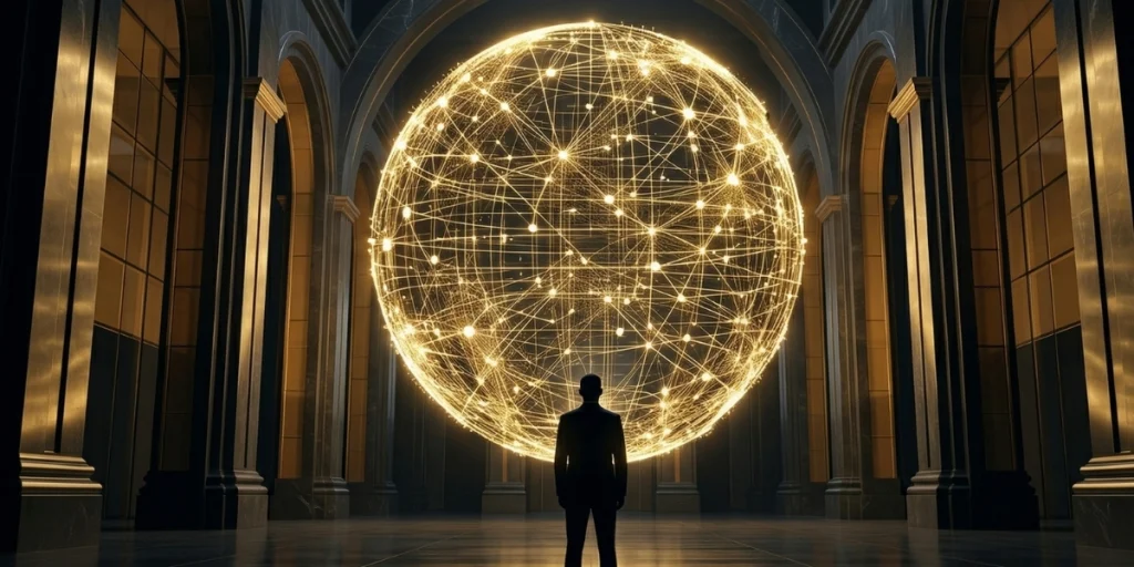 A cinematic holographic command center visualizing a self-evolving B2B knowledge graph with real-time data loops.