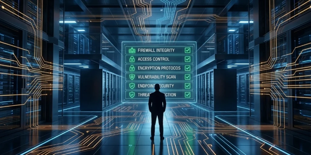 Futuristic B2B technical dashboard displaying green status bars for HSTS encryption, sub-700ms LCP speed, and nested Schema.org validation.