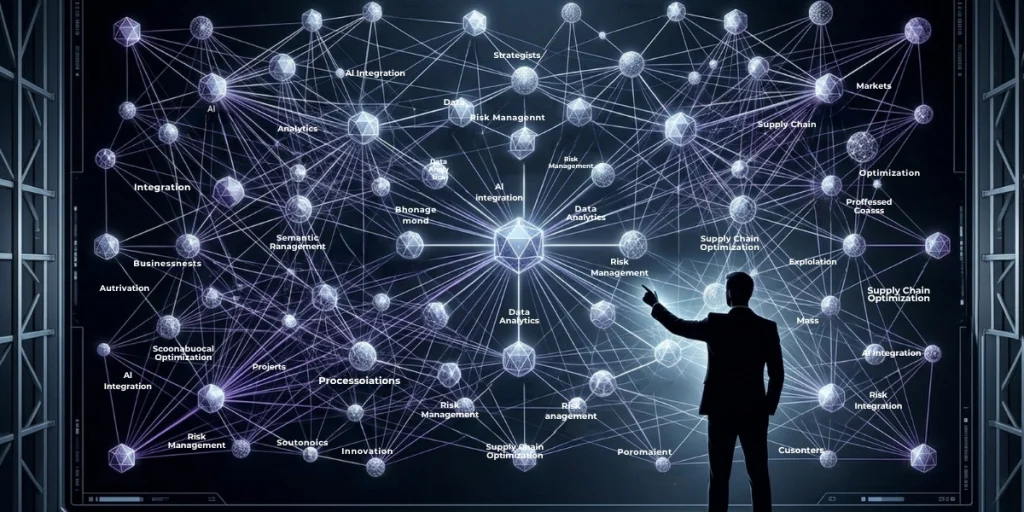 3D conceptual map of a digital B2B knowledge graph showing interconnected semantic nodes and topical constellations.