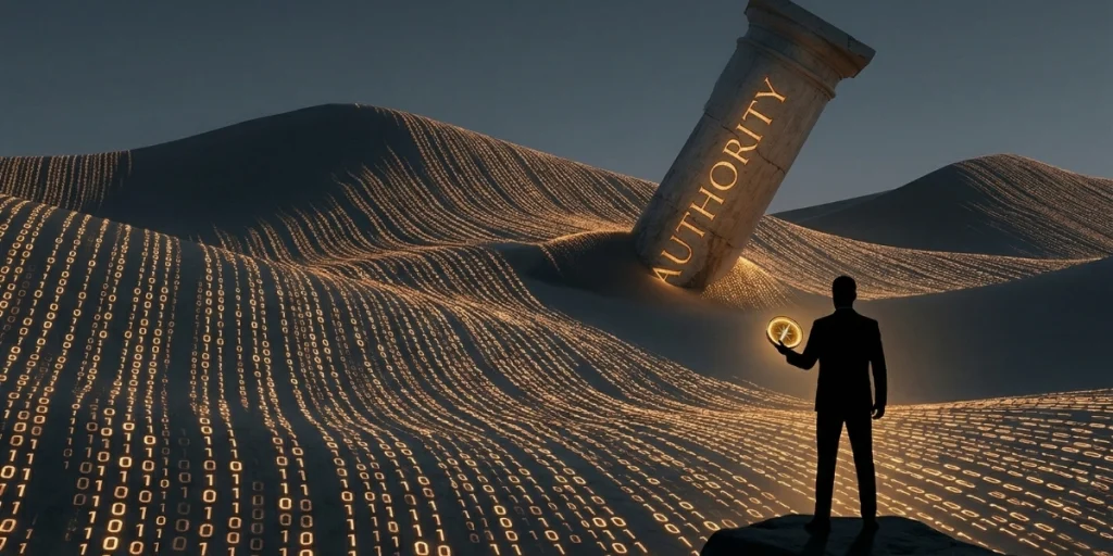 Tilting stone pillar labeled Authority sinking into a digital desert of binary code dunes, symbolizing the decline of static B2B SEO rankings in the generative search era.