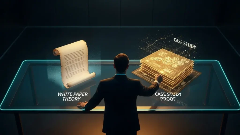 A dark, cinematic comparison between a fading holographic scroll and a sharp, glowing 3D technical blueprint, observed by a professional silhouette from behind.
