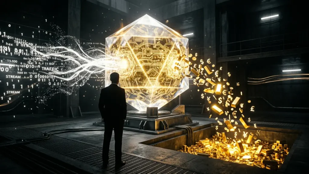 A dark, atmospheric visual showing a glowing geometric crystal prism transmuting chaotic white light (raw traffic) into structured golden data and currency symbols (revenue), with a professional silhouette observing from behind.