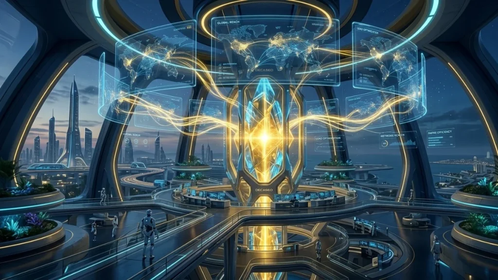 An expansive view of a futuristic "Revenue Engine" dashboard showing integrated data streams and automated sales workflows.