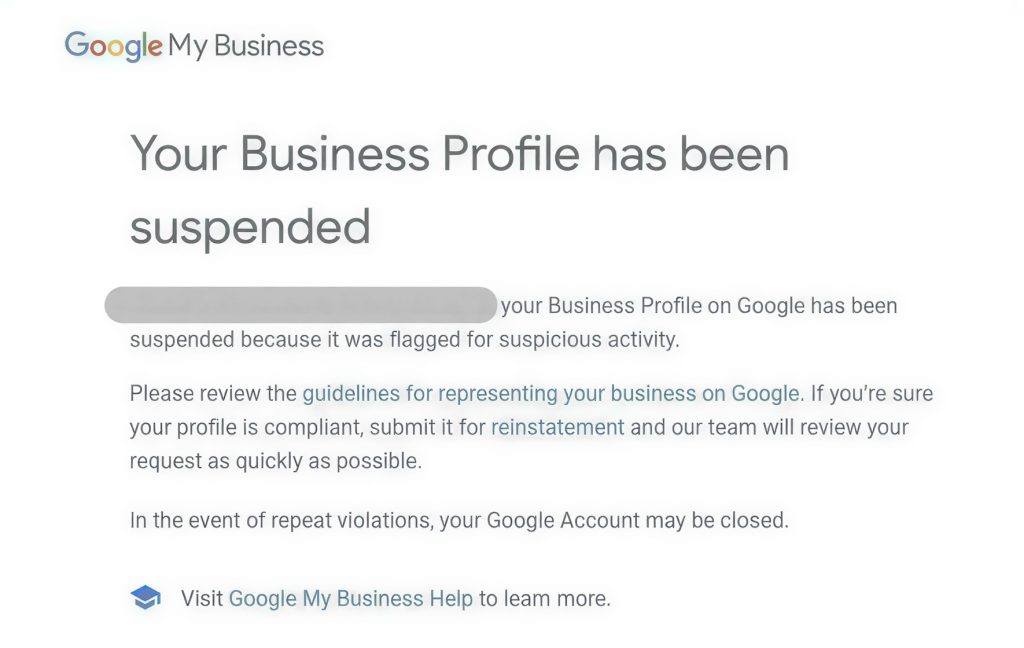 How to fix a suspended Google Business Profile showing suspension warning and recovery process