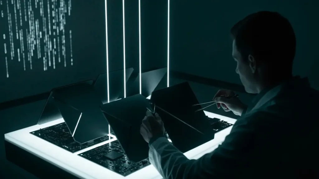 A dark, atmospheric visual showing a glowing geometric crystal prism transmuting chaotic white light (raw traffic) into structured golden data and currency symbols (revenue), with a professional silhouette observing from behind.