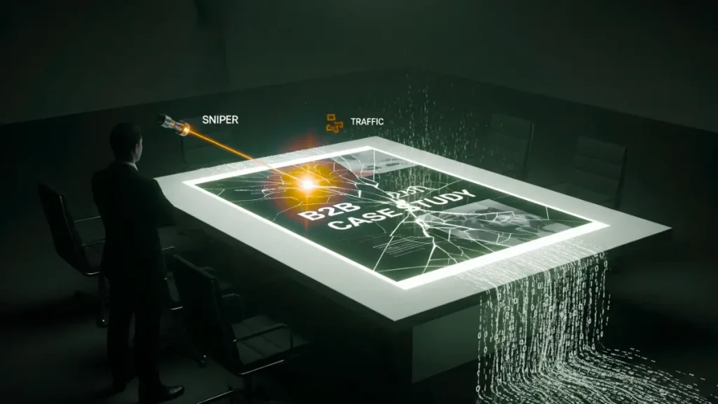 A dark, cinematic image showing a holographic projection of a fragmented B2B case study with data leaking from it. A red-glowing probe is being deflected, and a professional silhouette is observing from behind.