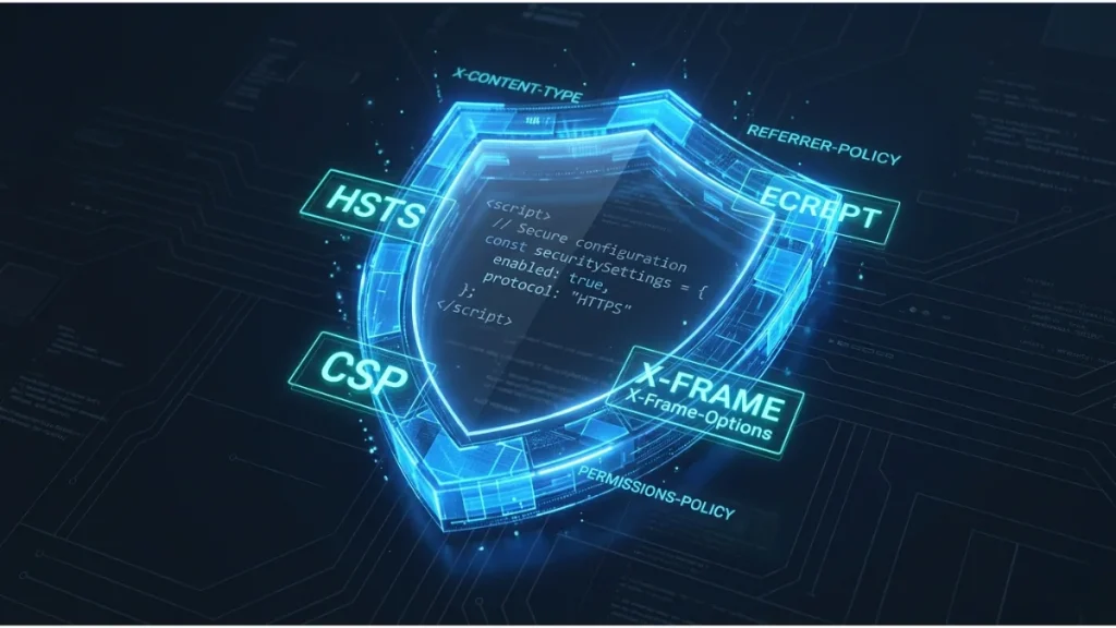 Visual representation of HSTS, CSP, and X-Frame-Options security headers protecting a website.