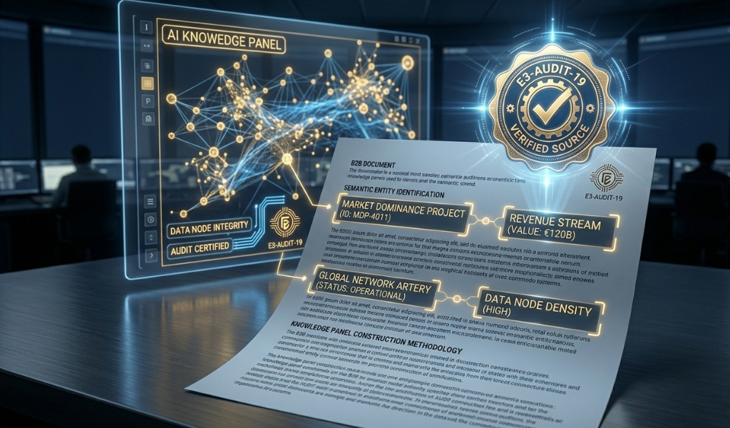 A digital magnifying glass hovering over an AI-generated search summary (SGE), highlighting a brand's URL as the primary verified source of truth with golden light.