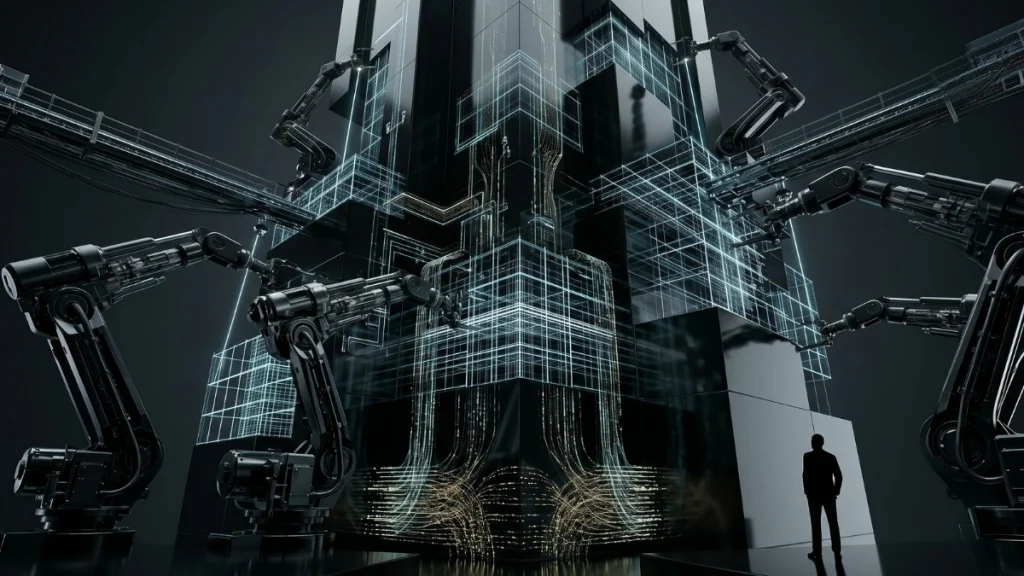 Massive monolithic corporate structure under construction by large robotic arms guided by glowing cyan data flows, symbolizing B2B digital sovereignty.