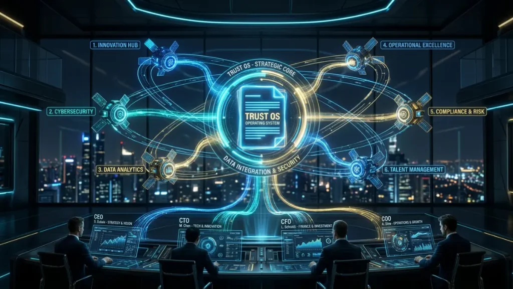 A monumental and technological architectural visualization of the 'Trust Operating System' (TOS), showcasing the interconnected layers of technical, financial, and reputation-based proof designed for B2B C-suite decision-makers (CTO, CFO, CEO).