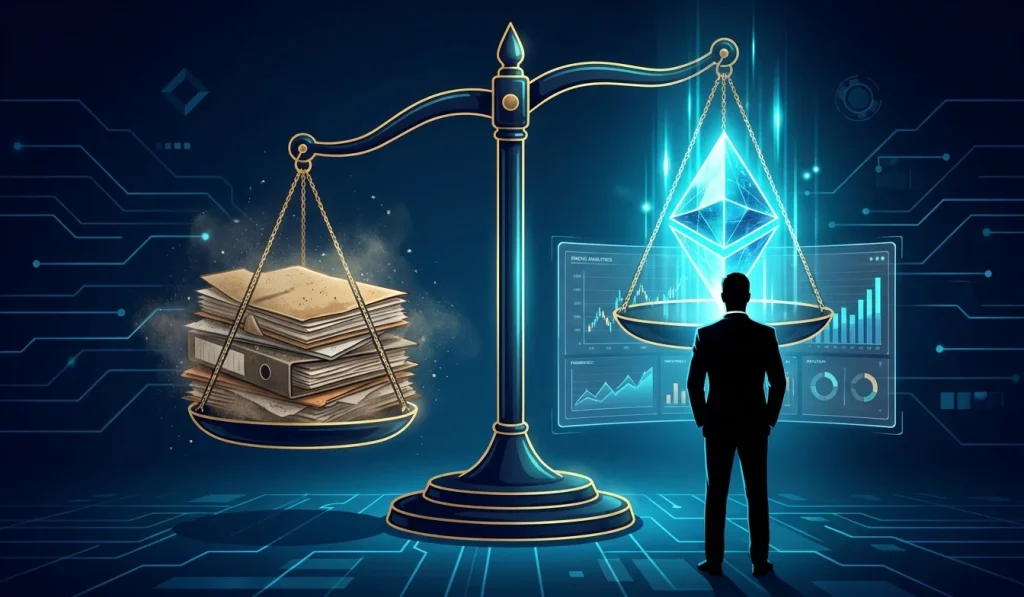A high-tech digital scale perfectly balancing a glowing data crystal representing predictive analytics against a pile of heavy, traditional lead sheets.