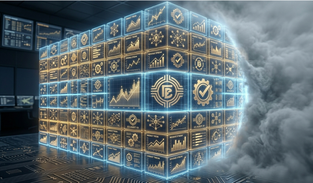 High-tech data fortress wall protecting unique B2B insights.