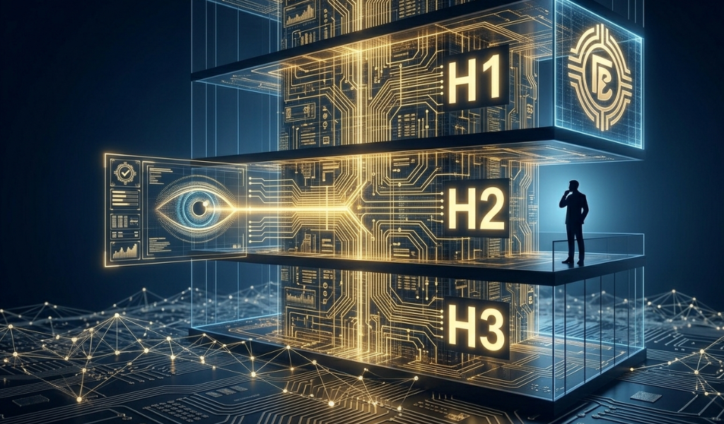 Architectural cross-section of a skyscraper floors labeled H1, H2, H3 with glowing golden circuits being scanned by an AI eye and reviewed by a CEO silhouette.