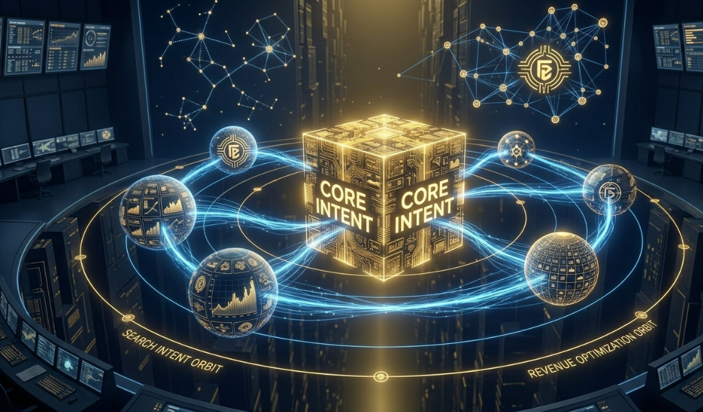 3D digital solar system with a golden cube "Core Intent" sun and planet-like content nodes connected by blue data streams in deep space.