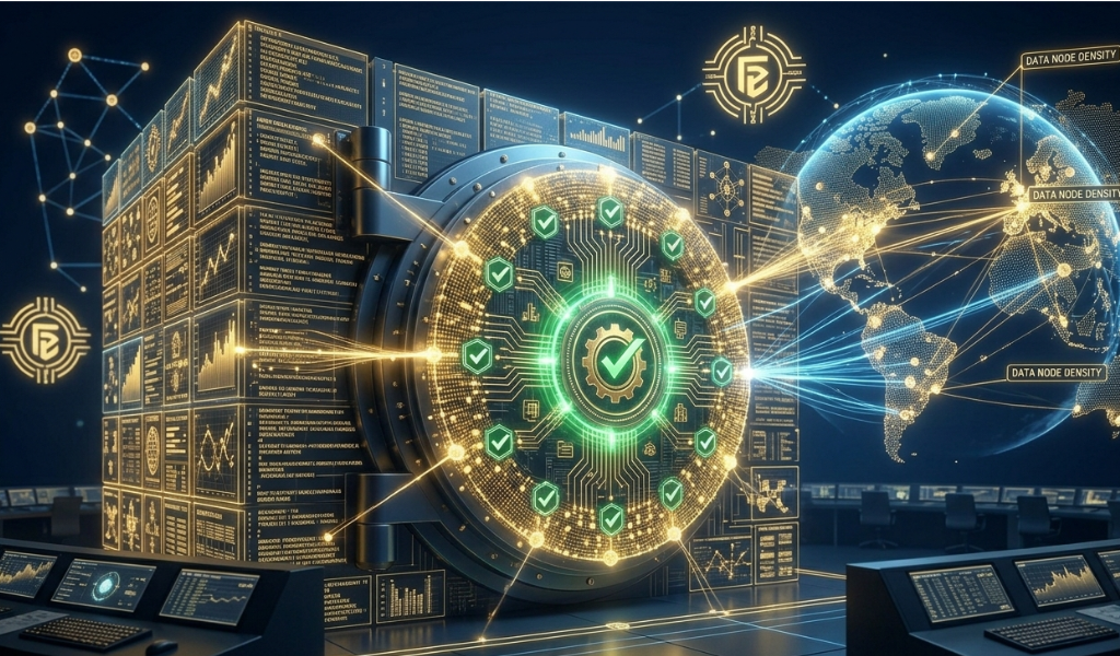vault door with golden data nodes and green verified icons integrated into a fortress wall of code, representing secure B2B social proof.