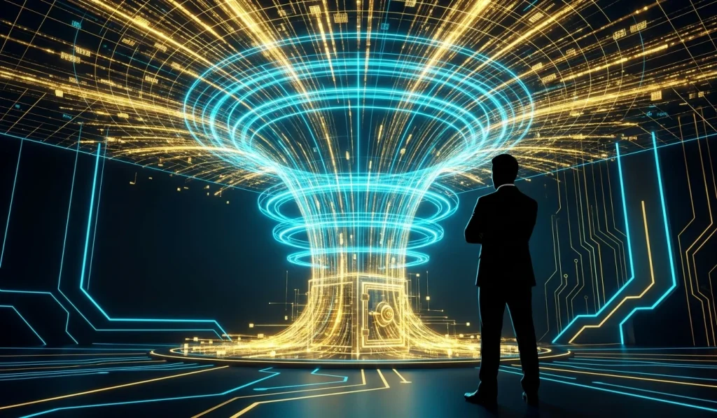 A glowing, funnel-shaped magnetic field pulling high-value data points from a digital stream into a secure, locked vault.