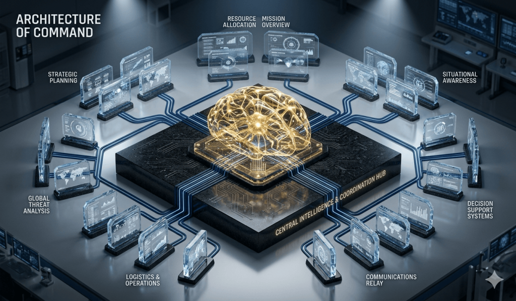 3D isometric visualization of a central golden neural network hub connecting to obsidian data nodes representing enterprise SEO governance.
