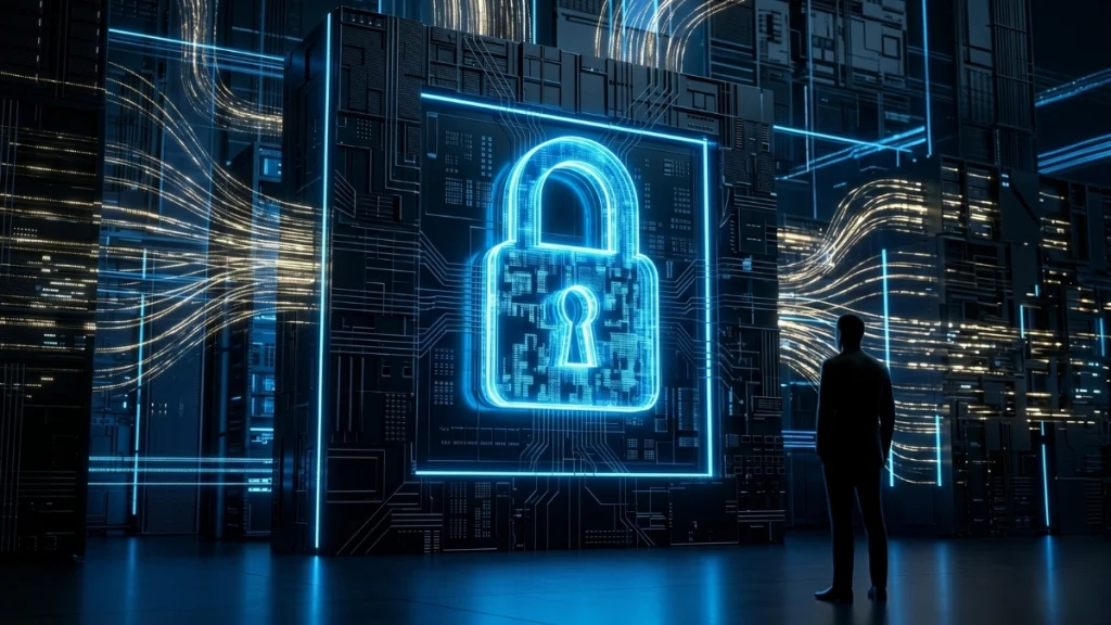 High-level architectural blueprint of a secure B2B digital infrastructure with glowing data flow lines.