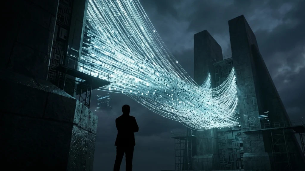 A complex 3D flowchart representing a seamless data migration between two architectural monoliths.