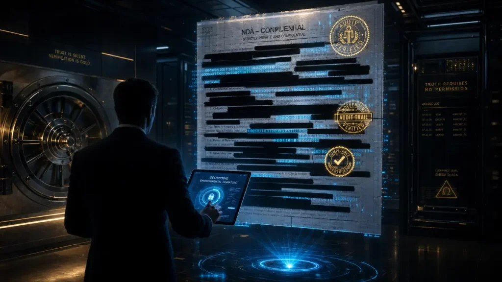 A redacted technical document with glowing audit seals and binary code, representing the Ghost Reference Protocol for silent social proof.