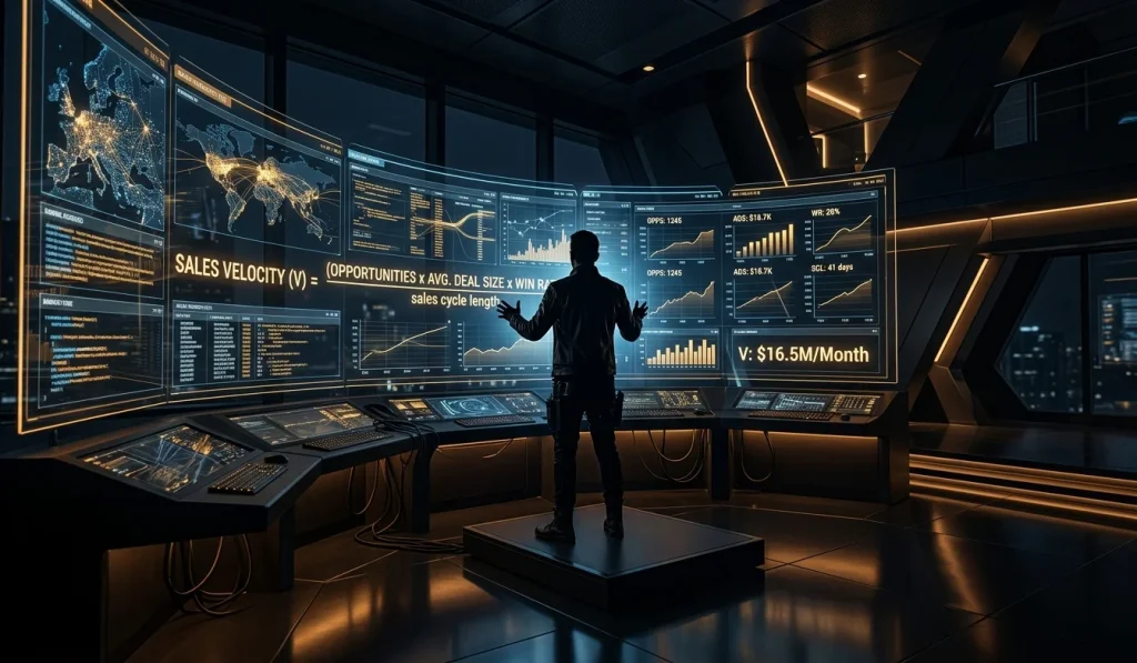 A wide-angle view of a futuristic command center showing holographic screens with lead flows and the Sales Velocity equation.