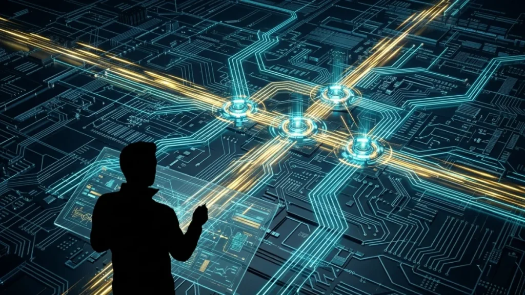 A technical diagram of a digital routing engine where golden data streams are instantly directed to specific sales nodes through a glowing circuit.