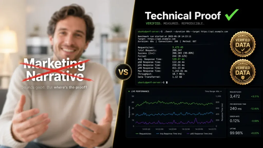 A comparison between a low-value emotional video testimonial and a high-authority Technical Proof Video showing real-time data.