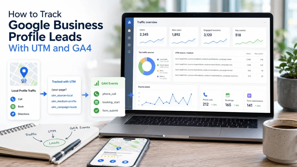 Analytics dashboard showing Google Business Profile lead tracking with UTM parameters, GA4 events, calls, and bookings.