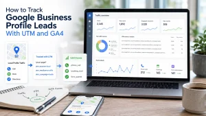 Analytics dashboard showing Google Business Profile lead tracking with UTM parameters, GA4 events, calls, and bookings.