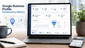 Analytics dashboard showing Google Business Profile performance metrics including views, calls, clicks, bookings, and qualified leads