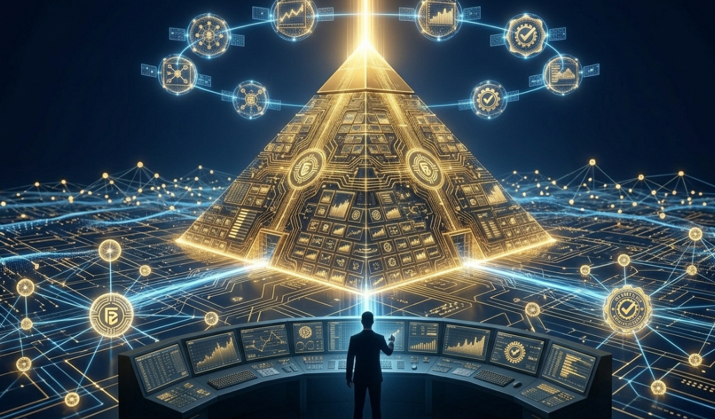 A colossal golden pyramid labeled "The Empire" in a digital void, with four light beams connecting to eight orbiting satellites and a massive golden energy beam shooting from its apex to illuminate a global data grid.